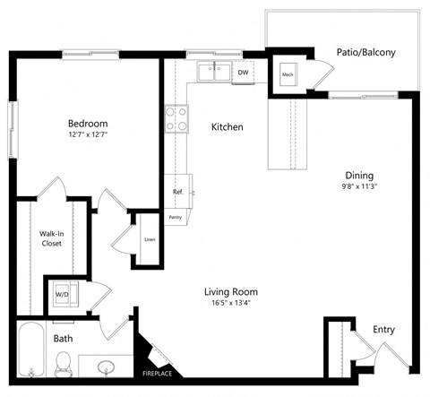 Floor plan for 1 bed, 1 bath, 1010 sqft